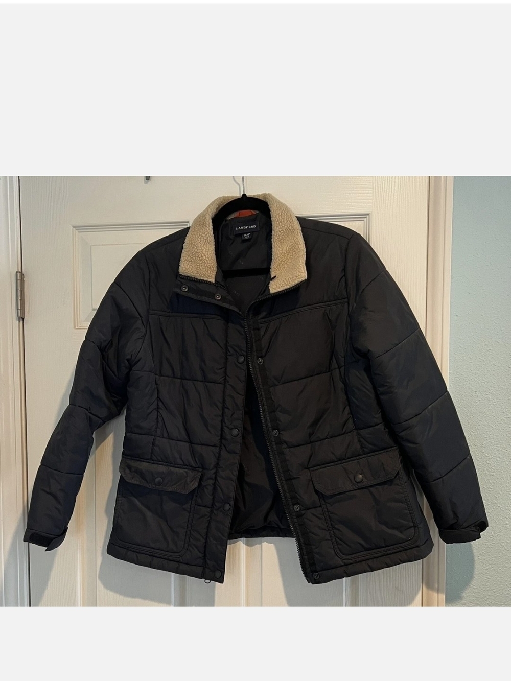 Lands’ End Women's Quilted Puffer Jacket Coat |Sherpa Collar Black| Small